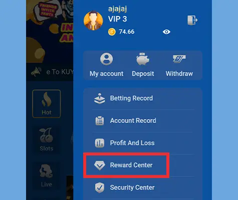 A screenshot of the KuyaPlay user dashboard displaying the Reward Center option. The image highlights a VIP 3 account with balance details and menu options for betting records, account history, and security settings.