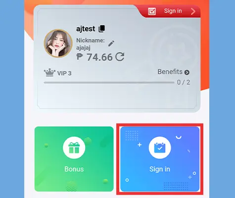 Screenshot of the KuyaPlay login page, showing a user profile, VIP level, balance, and sign-in bonus options for rewards.