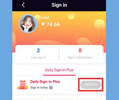 Screenshot of the KuyaPlay login daily sign-in page, showing a user's balance, last sign-in count, and daily bonus status with a "Signed in" confirmation.
