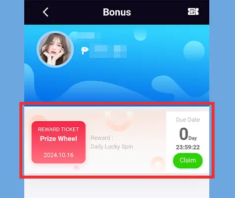 Screenshot of the KuyaPlay login bonus page, showing a user's reward ticket for the Prize Wheel, with a claim button and countdown timer.