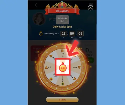 Screenshot of the KuyaPlay login rewards page featuring the Daily Lucky Spin wheel, with a glowing "Go" button to start the prize draw.