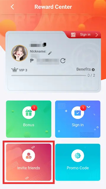 A screenshot of the KuyaPlay reward center, showing bonus options, sign-in rewards, promo codes, and the invite friends feature, highlighting how users can earn a KuyaPlay free bonus through referrals.