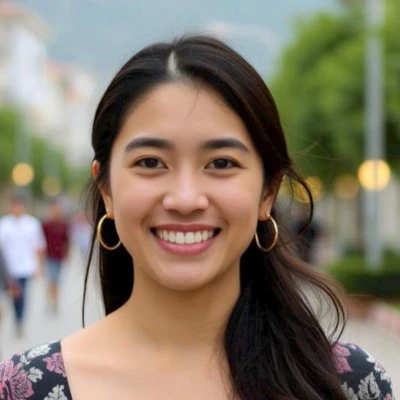 A young woman with long dark hair, radiant smile, and gold hoop earrings, standing outdoors in a lively setting with blurred people and greenery in the background. As a dedicated Kuyaplay player, she enjoys the thrill of online gaming and exciting rewards.