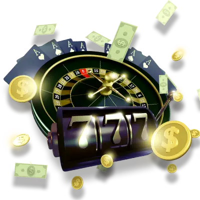 A vibrant casino-themed graphic featuring a 777 slot machine reel, roulette wheel, playing cards, dollar bills, and gold coins, emphasizing the excitement of KuyaPlay free bonus promotions.